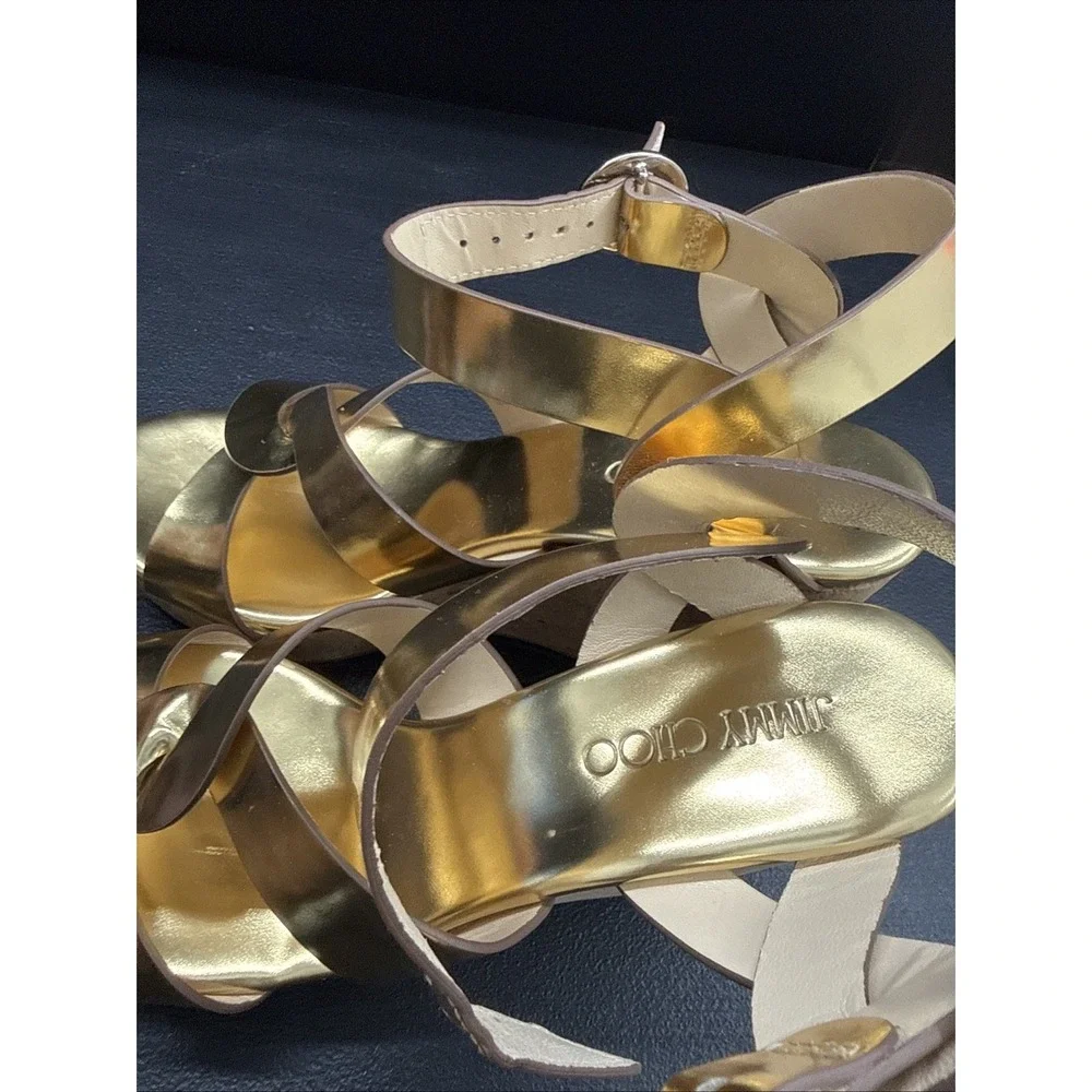 Jimmy Choo Gold Platform Heels Ankle Strap Leather Open Toe (SEE PICTURE )